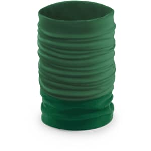 A green neck warmer with a textured, stretchy design, ideal for clothing accessories. Features a logo.
