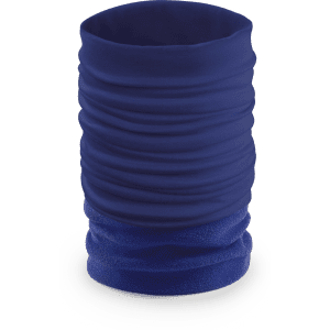 A blue neck warmer made of soft, textured fabric, with a gathered design. It has a logo.