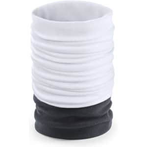 A neck warmer in white and black, featuring a soft, stretchy design with a gathered texture. It has a logo.