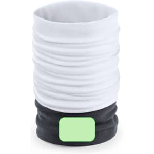 A neck warmer featuring a white top section and a black bottom section, designed as a clothing accessory.
