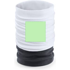 A Meifar neck warmer in white and black, featuring a blank area for customisation. Contains a logo.