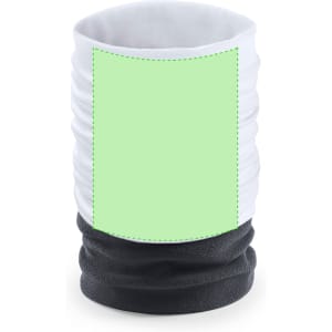 A neck warmer featuring a white upper section and a black lower part, with a blank area for custom design.