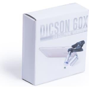 A white box containing a Dicson 60X Microscope for cellphones, featuring a clip and LED light.