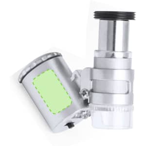 A silver microscope with a cylindrical body and a clear lens. It features a movable arm and a black threaded cap.