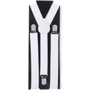 A pair of white braces displayed on a black backing, featuring silver clips and a teardrop shape in the centre.