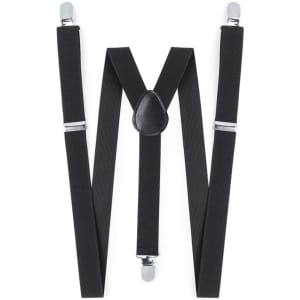 A pair of black braces with metal clips and a leather patch in the centre, featuring an adjustable design.