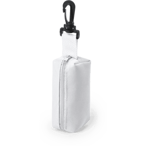 A white pencil case with a zip closure and a clip for attachment. It features a simple design and a logo.