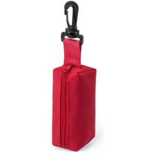 A red pencil case with a zip closure and a detachable clip for easy attachment.
