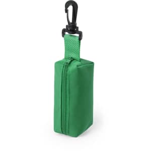 A green pencil case with a zip closure and a clip for attachment. It has a simple rectangular design.