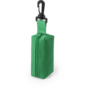 A green pencil case with a zip closure and a clip for attachment, featuring a simple design.