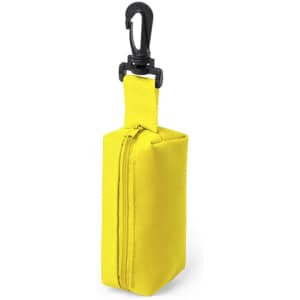 A yellow pencil case with a zipper and a clip for attachment. It features a simple rectangular design.