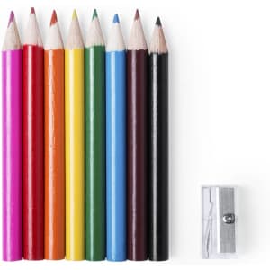A selection of multicoloured pencils in vibrant shades with a sharpener on the side. The set includes ten pencils.