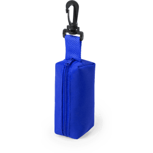 A blue pencil case with a zipper and a clip for attachment, featuring a simple design.