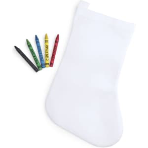A white stocking with five colourful crayons in green, blue, yellow, red, and black beside it. It has a logo.