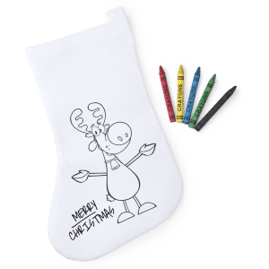 A white stocking with a cartoon reindeer design and five colourful markers. Features a logo.