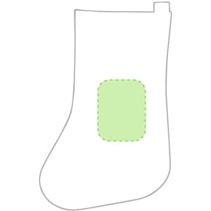 A novelty white stocking with a green patch outline, featuring a simple design.