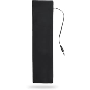 A pair of black headphones with a connecting cable. The design is sleek and minimalist. Features a logo.