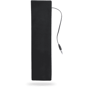 A pair of black headphones with a connecting cable. The design is sleek and minimalistic.