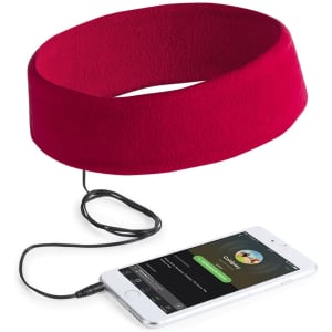 A pair of red Markiz Headphones connected to a smartphone, resting on a flat surface.