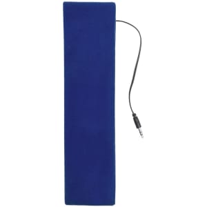 A pair of blue Markiz headphones with a thin design and a connecting audio cable.
