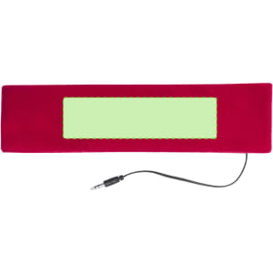 A red headphone with a pointed end and a cable attached. The design includes a blank area for custom branding.