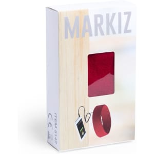 A red pair of Markiz headphones in a box featuring a window display. The box has a minimalistic design and logo.