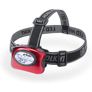 A red LED head torch with an adjustable black strap, featuring multiple light bulbs. It has a branding logo.