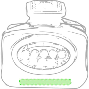 A keyring torch featuring a compact design with a circular light section and a green accent on the bottom.