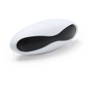 A white speaker with a curved design and a black mesh grille, featuring control buttons on the top.