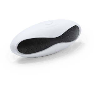 A white oval speaker with a black mesh grille and a logo on the surface.