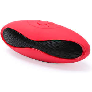 A red oval-shaped speaker with a black mesh grille and control buttons on top.