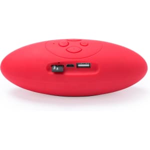 A red oval-shaped speaker with control buttons and ports on one side. It features one logo.