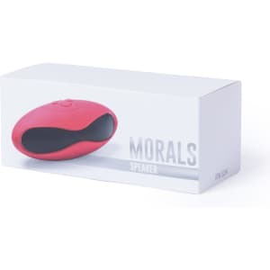 A pink speaker in a white box with a logo, featuring a rounded design and a single button on top.
