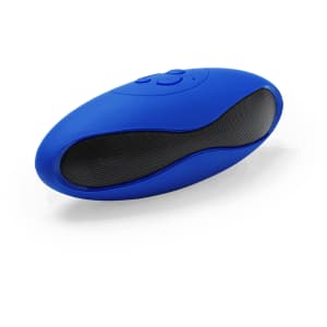 A blue portable speaker with a smooth exterior and mesh grill, featuring control buttons on top and a logo.
