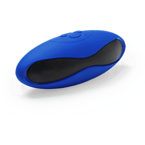 A blue portable speaker with a smooth surface and a mesh speaker grill, featuring buttons on top and a logo.