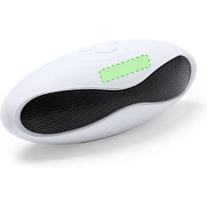 A white oval speaker with a black mesh grille and a logo. It features control buttons on the top.