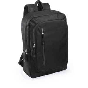 A black backpack featuring multiple zippered pockets and adjustable straps, with a logo on the front.