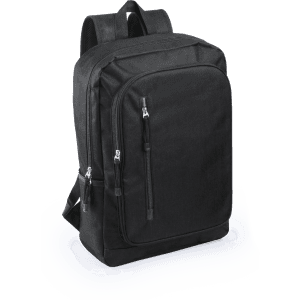 A black backpack featuring multiple zippered pockets and adjustable straps, with a branding logo.