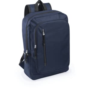 A navy blue backpack with multiple zippered pockets and padded shoulder straps. It also features a logo.