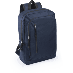 A navy blue backpack with multiple zippered pockets and a sturdy design. It features padded shoulder straps and branding.