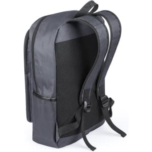 A navy blue backpack with a textured back panel and adjustable straps, featuring a sleek design and a logo.