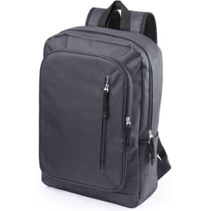 A grey backpack with multiple zippered compartments and a logo, featuring adjustable straps and a sleek design.