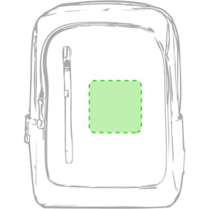 A grey backpack with a front zip pocket and a blank square area for customisation. It features a logo.