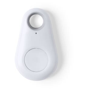 A white Krosly Tracker device with a circular button and a loop for attachment. It features a small indicator light.
