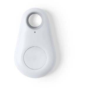A small white tracking device featuring a circular button and a loop for attachment. It has a simple design and a logo.