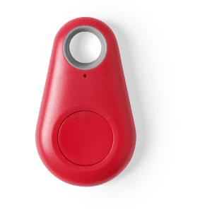 A red tracking device with a circular button and a small loop for attaching, featuring a branding logo.