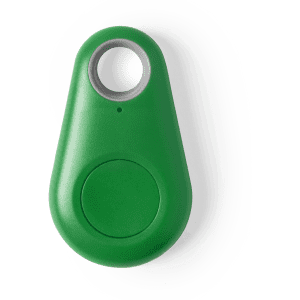 A green tracker device with a circular button and a ring for attachment, featuring a small indicator light.