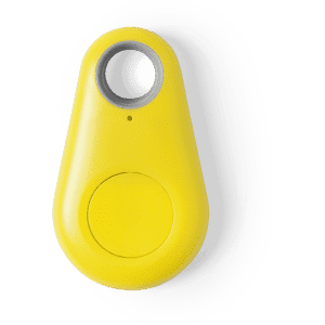 A yellow tracking device with a circular button and a small loop for attachment. Includes a logo on the surface.