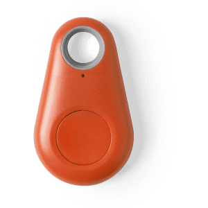 An orange tracking device with a circular button, featuring a small hole and a light indicator.