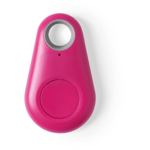 A pink tracking device with a circular button and a loop at the top for attachment, featuring a simple design and rounded edges.